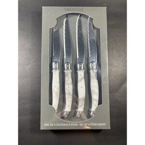Laguiole Serrated Steak Knives White Marble (Resin) Handle Stainless Set of 4